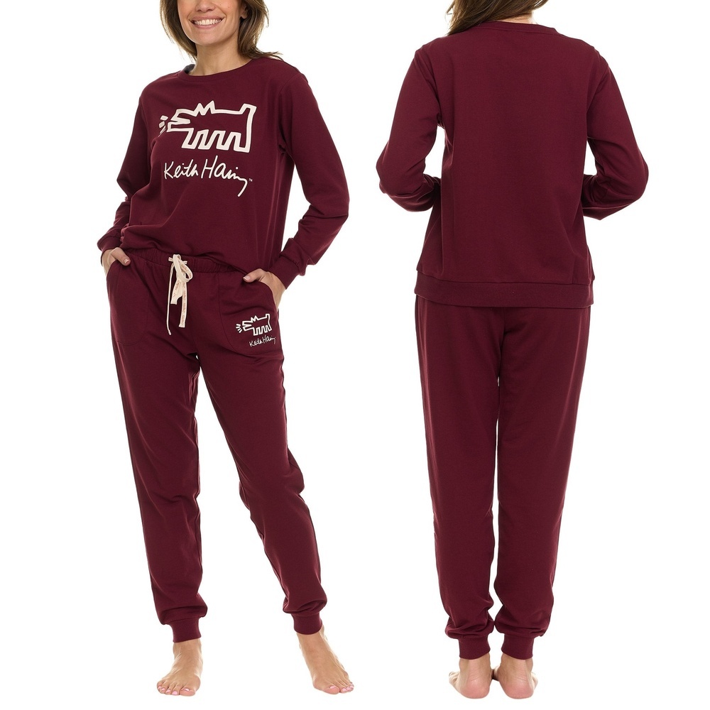 Keith Haring Women's Small Burgundy Two Piece Lounge Set e0994